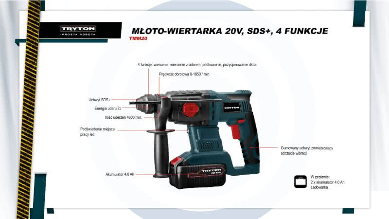 Młoto-wiertarka udarowa akumulatorowa TMM20 z uchwytem SDS+. fot. PROFIX Młoto-wiertarka udarowa akumulatorowa TMM20 z uchwytem SDS+. fot. PROFIX