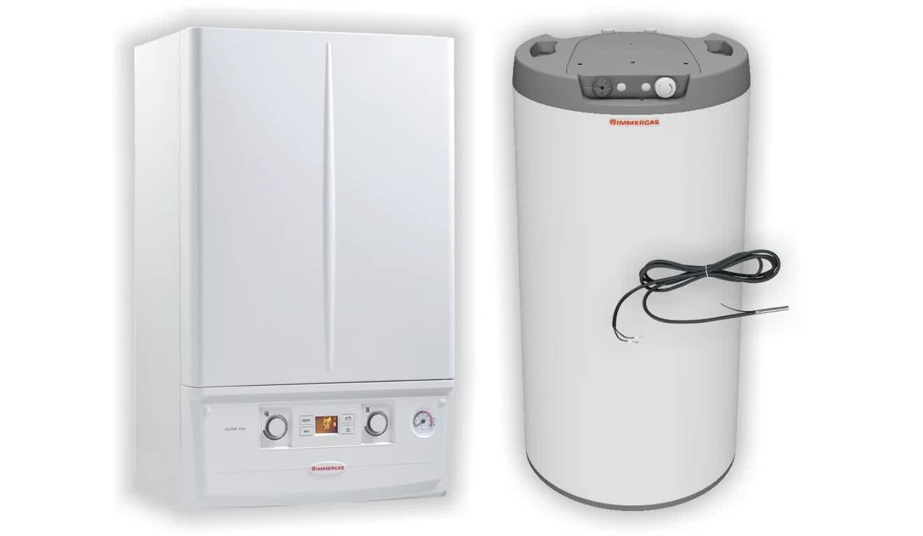 Zestaw EXA 24 STANDARD 100 do przygotowania ciepłej wody użytkowej - gazowy kocioł kondensacyjny EXA 24 STANDARD i zasobnik cwu 100 l. fot. Immergas Polska Zestaw EXA 24 STANDARD 100 do przygotowania ciepłej wody użytkowej - gazowy kocioł kondensacyjny EXA 24 STANDARD i zasobnik cwu 100 l. fot. Immergas Polska